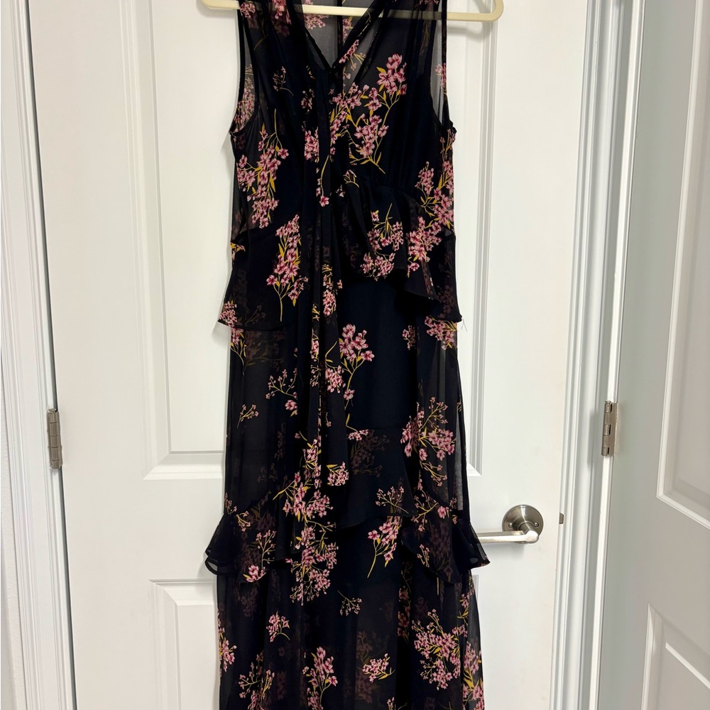 Who What Wear Black Maxi Dress with Pink Floral Design
